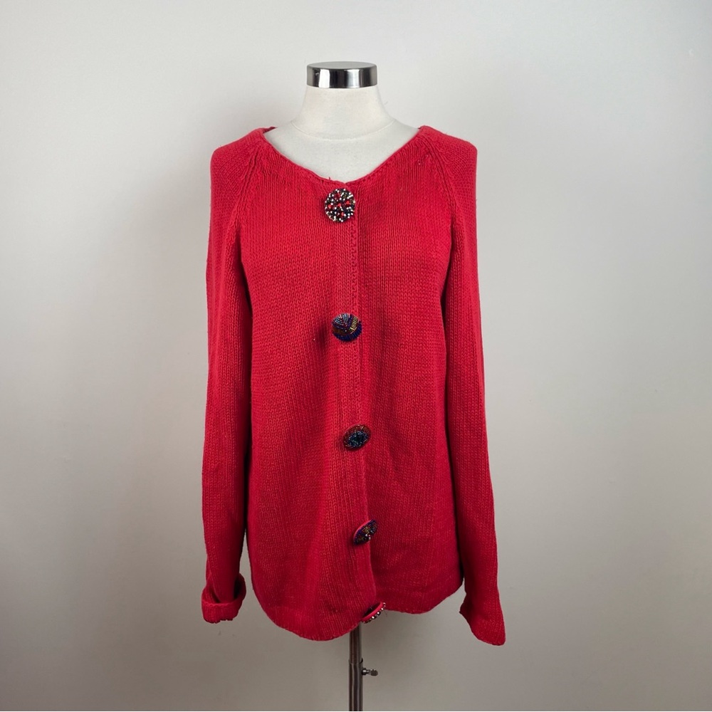 Studio C Vintage Red Knit Beaded Cardigan Sweater Women Size 2X
